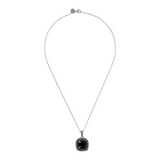 Rolo Chain Necklace with Textured Square Pendant in Black Spinel and Cubic Zirconia