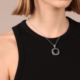 Rolo Chain Necklace with Textured Square Pendant in Black Spinel and Cubic Zirconia
