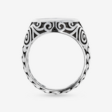 Tribal Mermaid Texture Chevalier Ring with Black Onyx