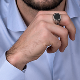 Tribal Mermaid Texture Chevalier Ring with Black Onyx