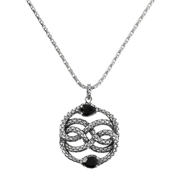 Long Venetian Chain Necklace with Mermaid Textured Snake Pendant with Black Spinel