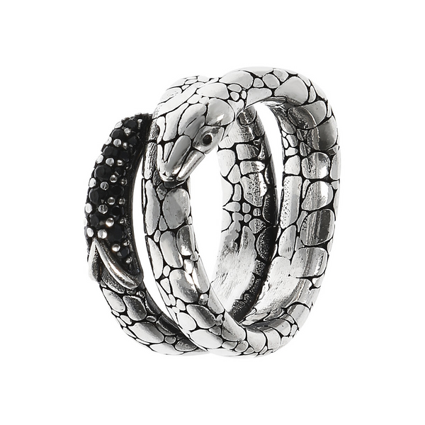 Intreccio Band Ring with Snake and Natural Stone Pavé