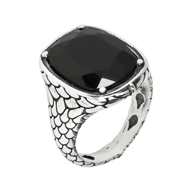 Mermaid Texture Chevalier Ring with Black Spinel Natural Stone
