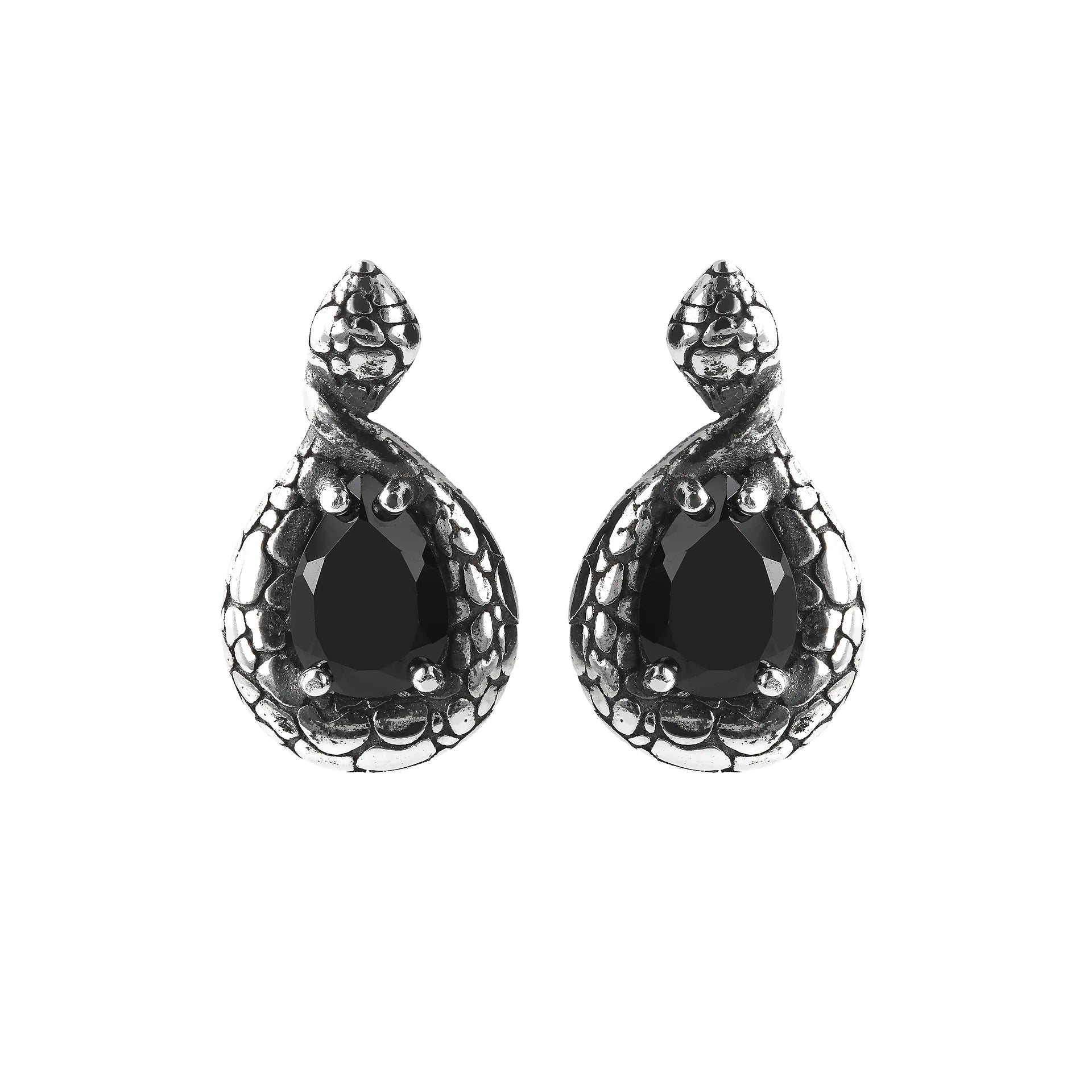 Drop Earrings with Black Spinel and Snake Texture