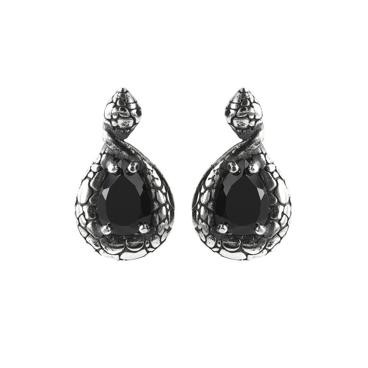 Drop Earrings with Black Spinel and Snake Texture