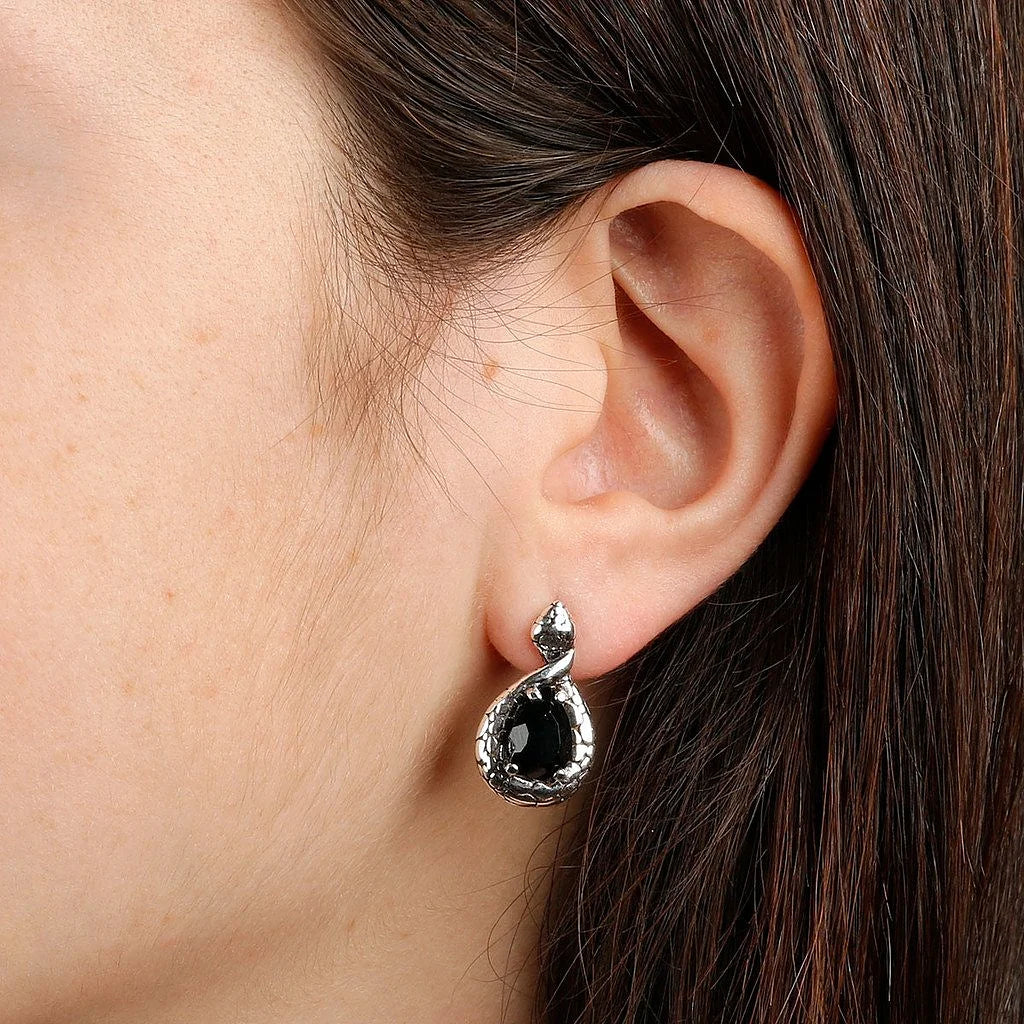 Orecchini a Goccia con Spinello Nero e Texture Serpente in Argento 925
