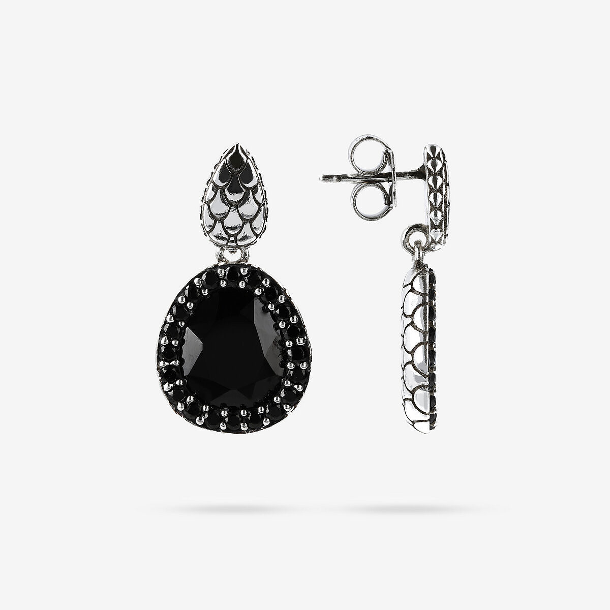 Orecchini Pendenti in Argento 925 Texture Sirena con Pietra Naturale Spinello Nero e Pavé