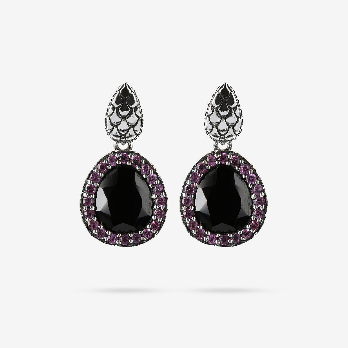 Orecchini Pendenti in Argento 925 Texture Sirena con Pietra Naturale Spinello Nero e Pavé