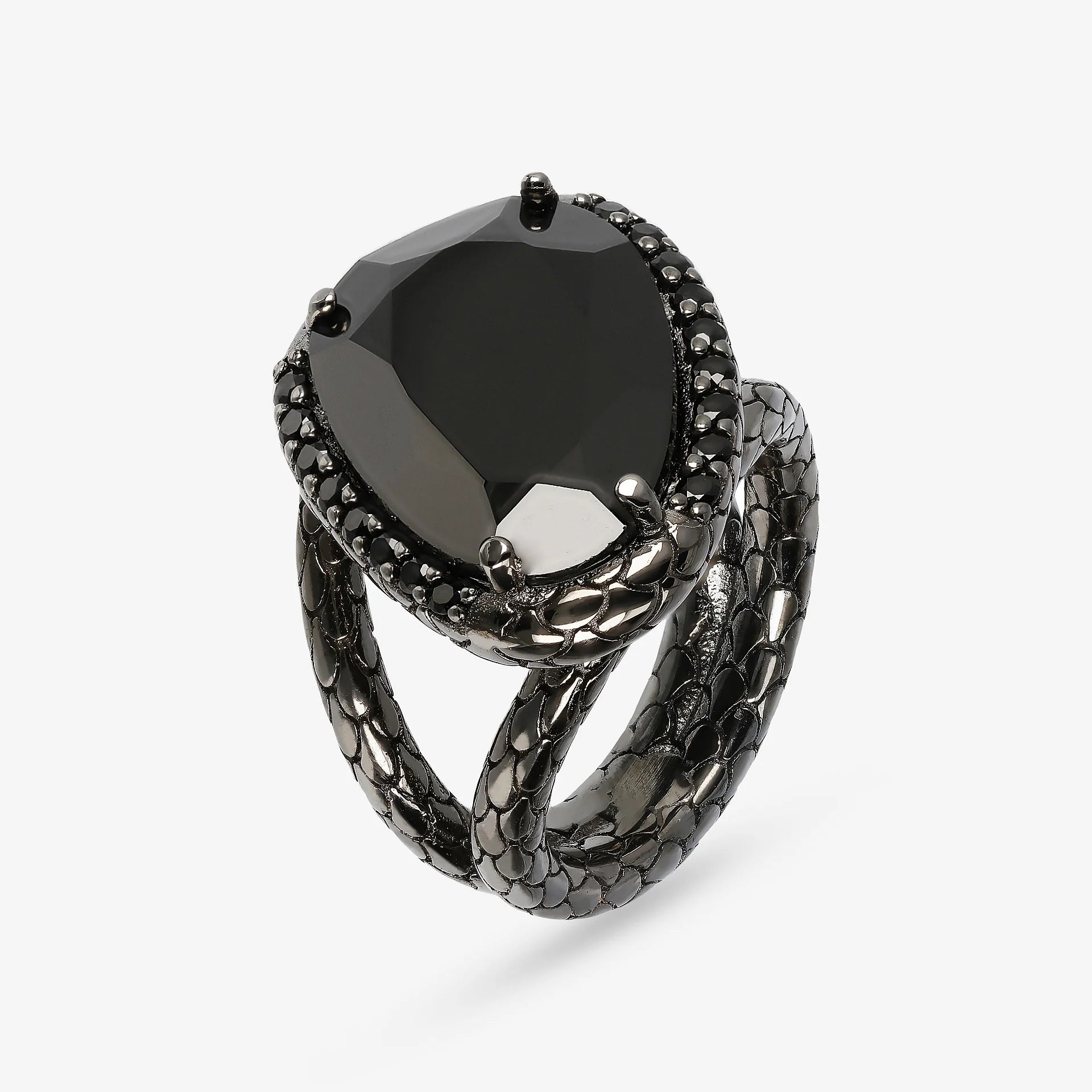 Anello a Fascia in Argento 925 Texture Sirena con Spinello Nero e Pavé
