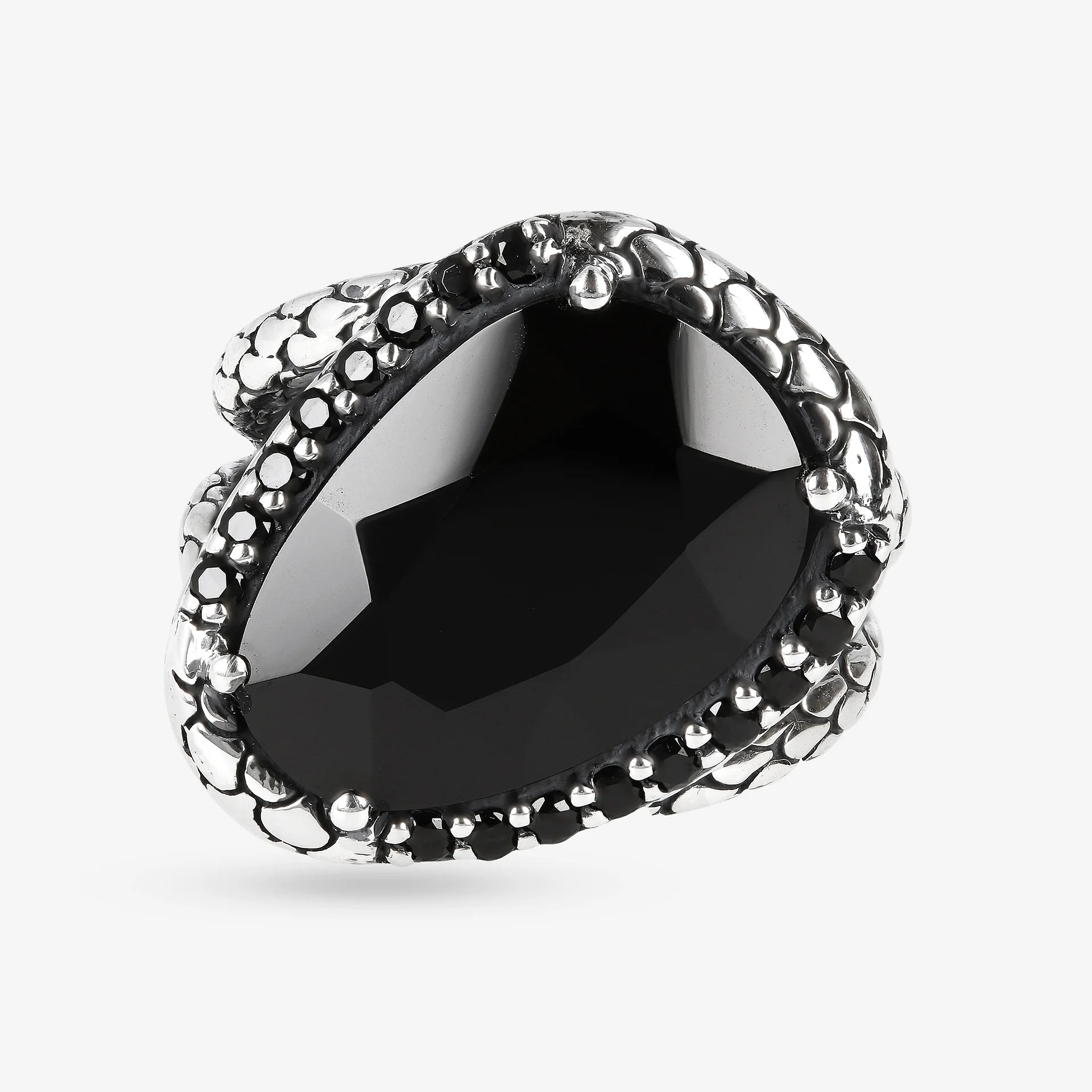 Anello a Fascia in Argento 925 Texture Sirena con Spinello Nero e Pavé