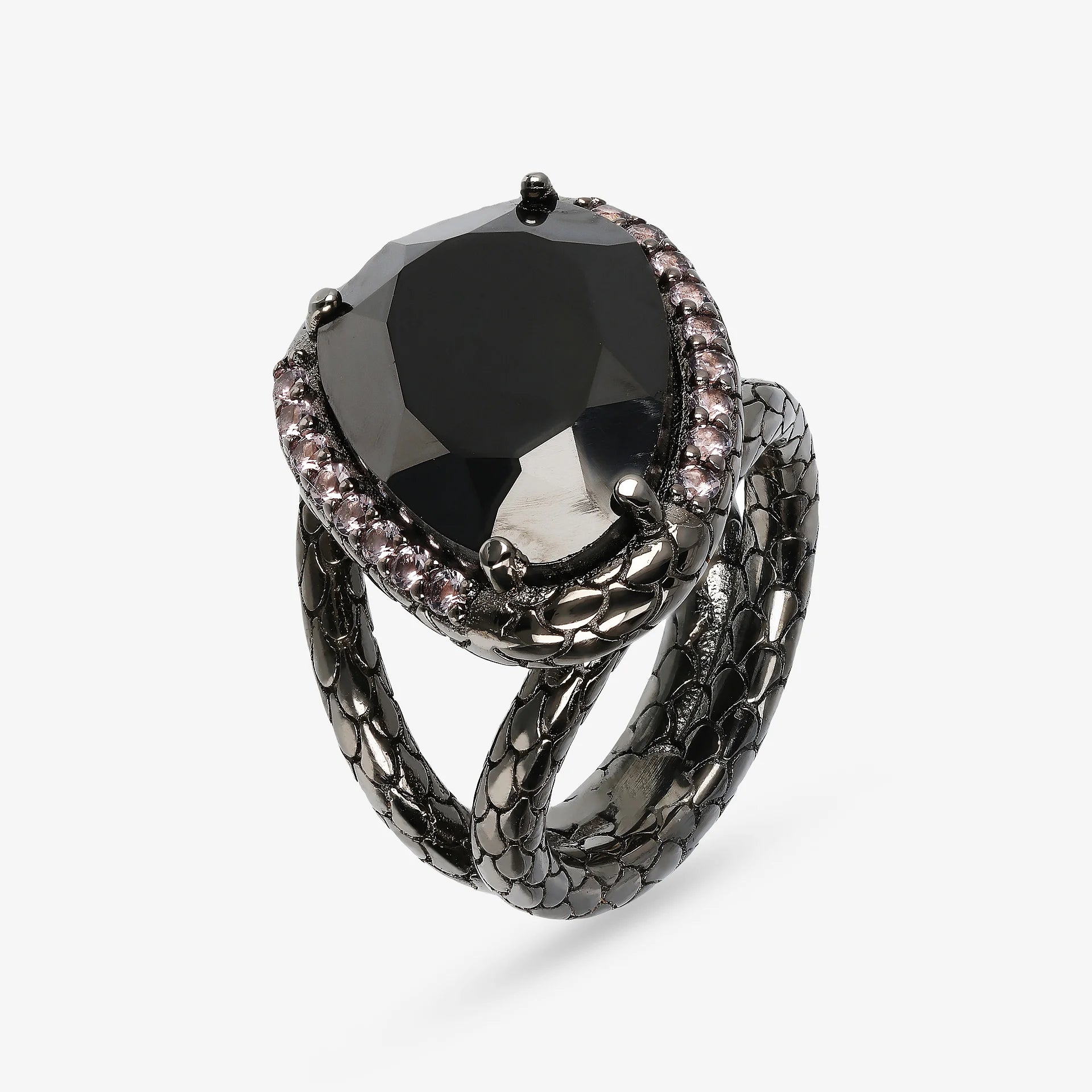 Anello a Fascia in Argento 925 Texture Sirena con Spinello Nero e Pavé