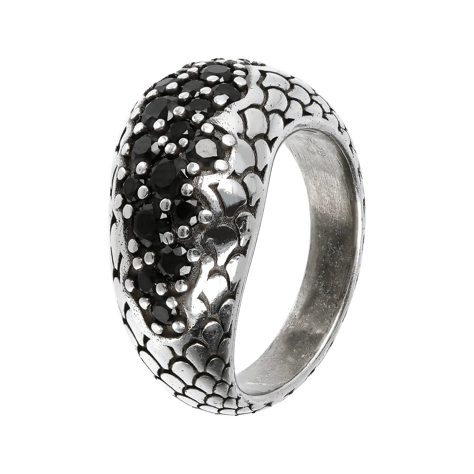 Anello a Fascia Graduato Texture Sierna con Pavé in Spinello Nero in Argento 925