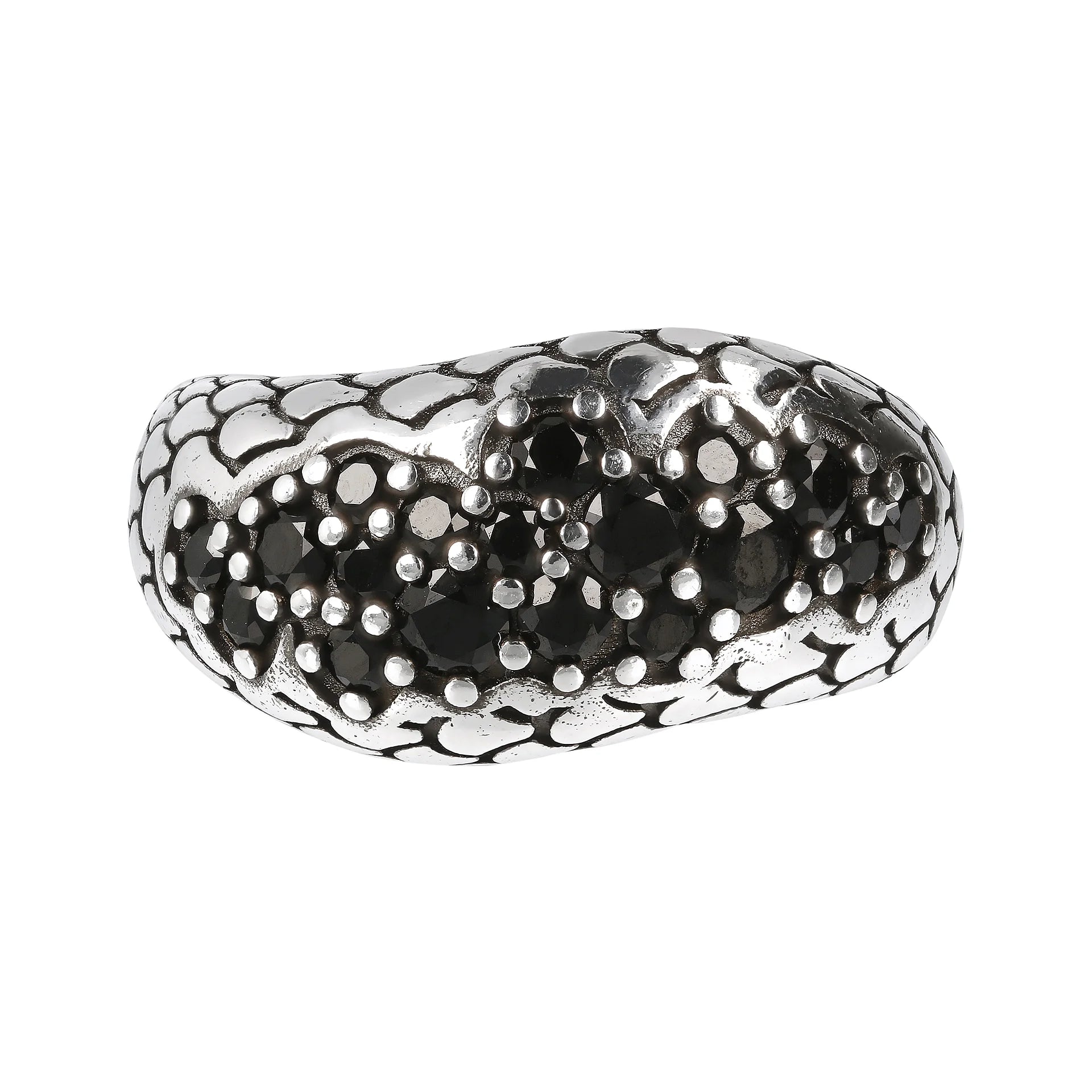 Anello a Fascia Graduato Texture Sierna con Pavé in Spinello Nero in Argento 925