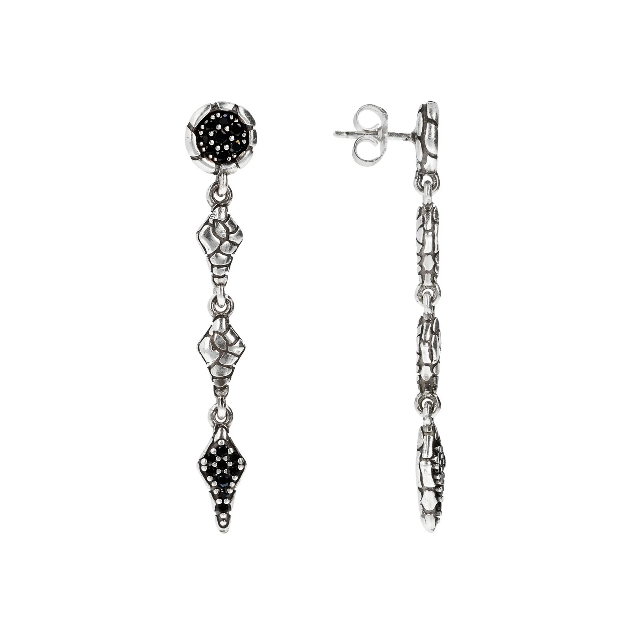 Orecchini Pendenti con Spinello Nero e Texture Serpente in Argento 925