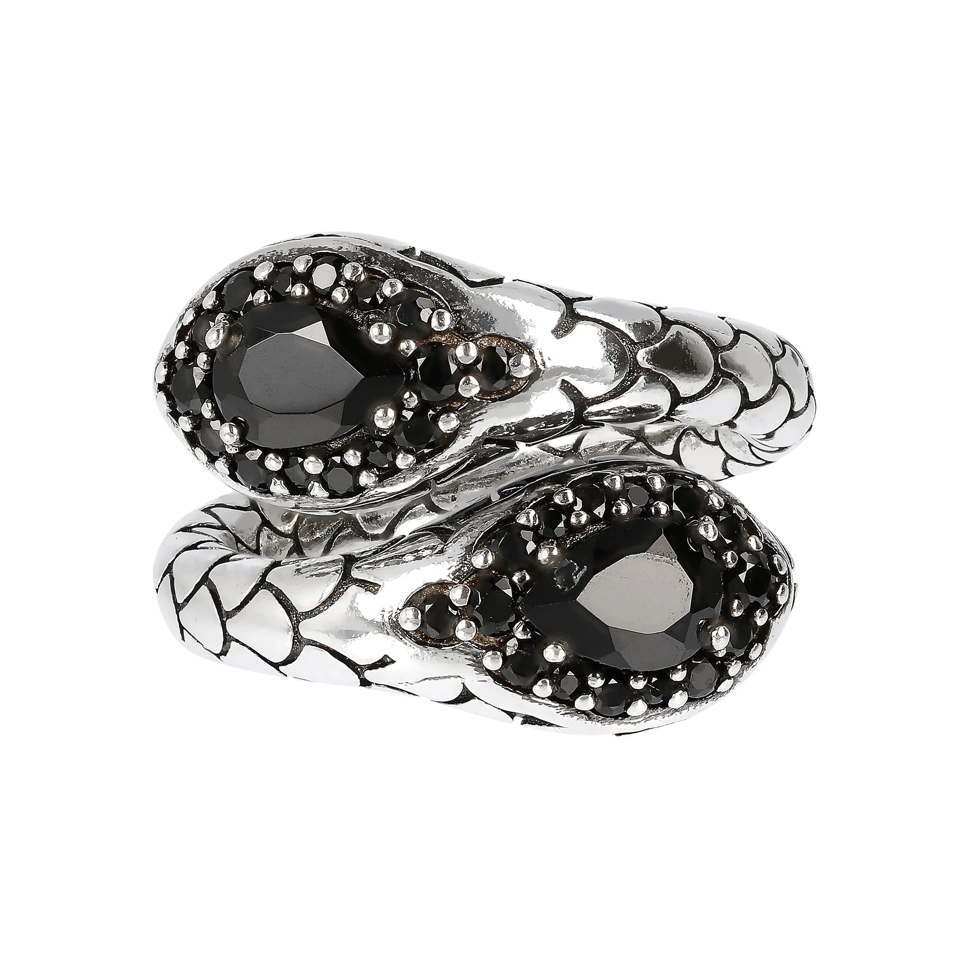 Anello Contrarié Texture Serpente con Doppio Spinello Nero in Argento 925
