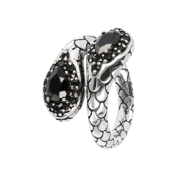 Snake Texture Contrarié Ring with Double Black Spinel