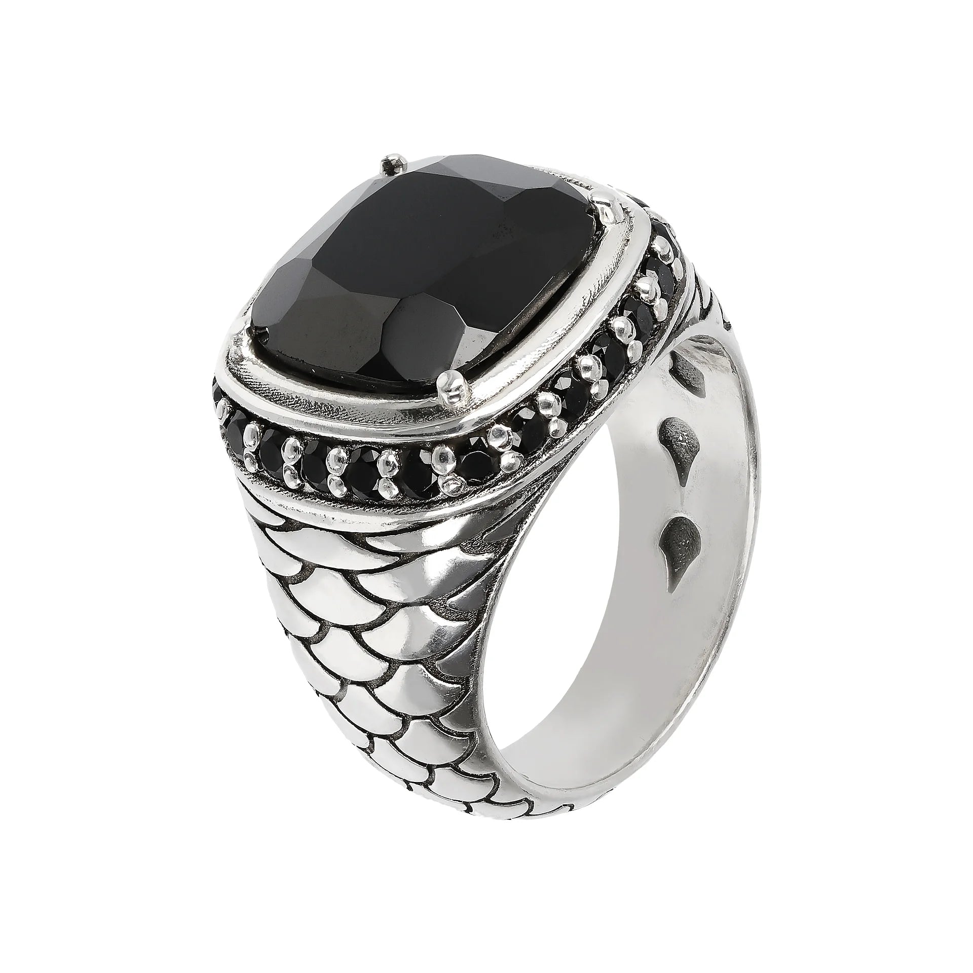 Anello Chevalier Texture Sirena con Pietra Naturale Spinello Nero in Argento 925