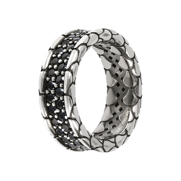 Ring mit Meerjungfrau-Textur und doppelter Reihe aus schwarzem Spinell