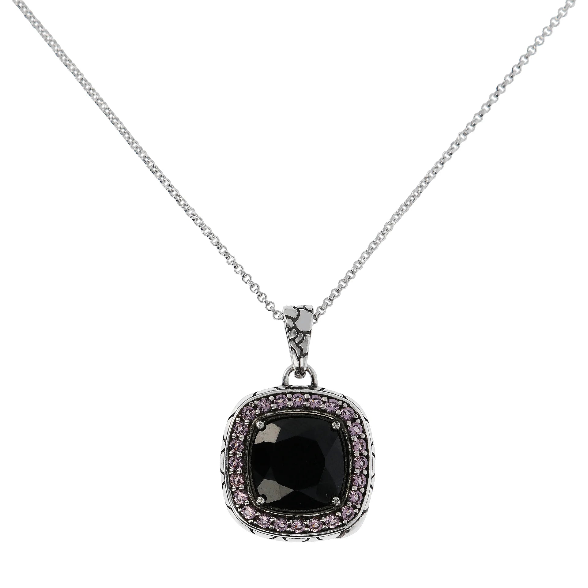 Collana Catena Rolo con Pendente Quadrato Texture in Spinello Nero e Cubic Zirconia in Argento 925