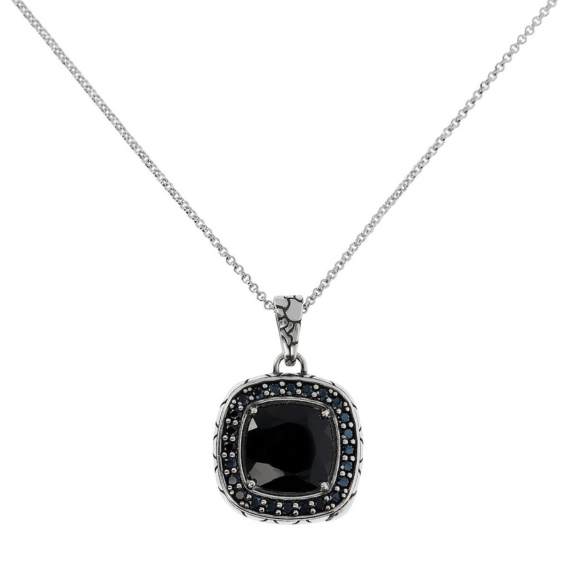 Rolo Chain Necklace with Textured Square Pendant in Black Spinel and Cubic Zirconia