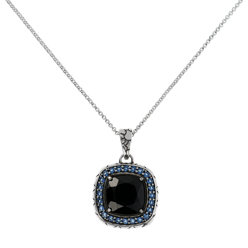 Rolo Chain Necklace with Textured Square Pendant in Black Spinel and Cubic Zirconia