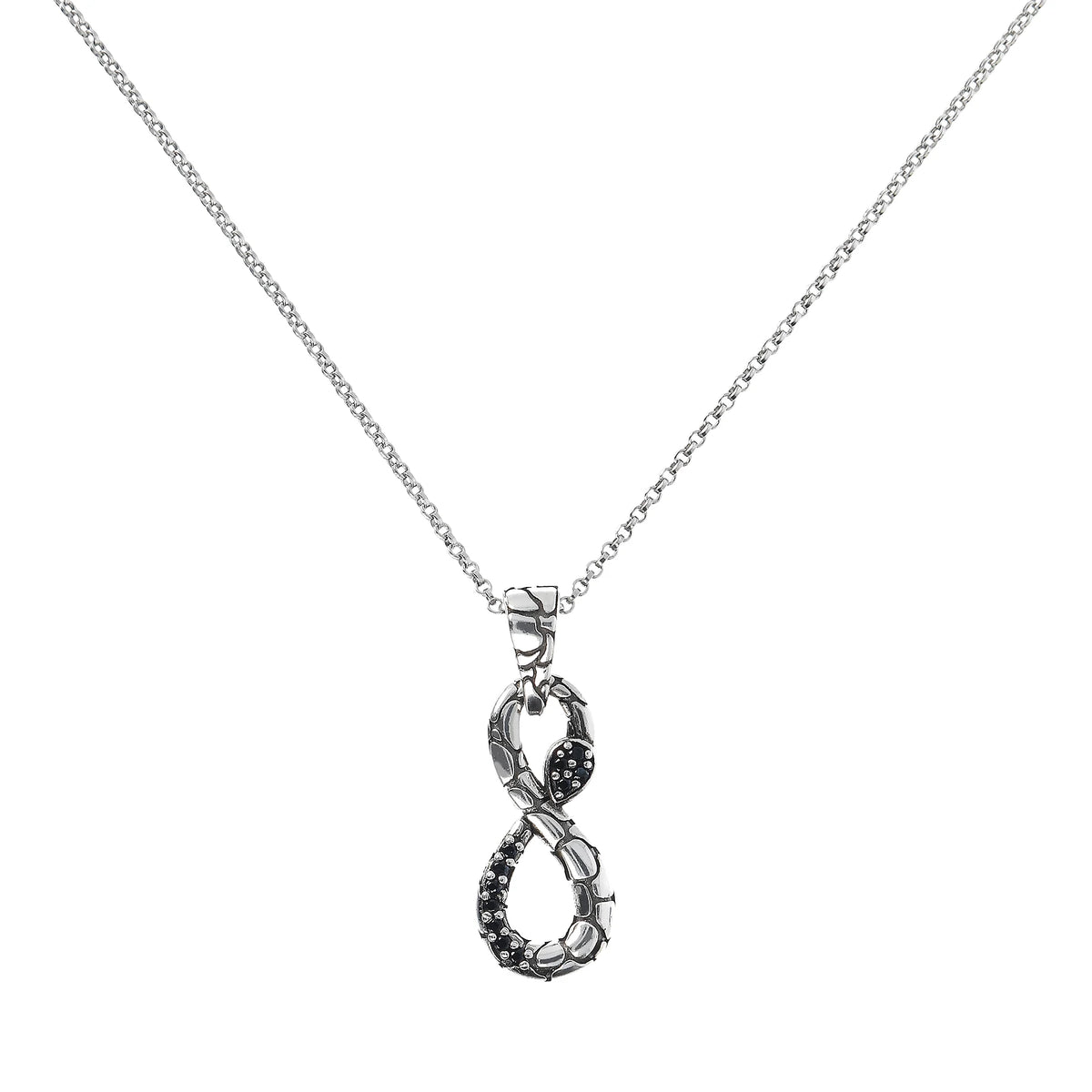 Collana Catena Rolo con Pendente Serpente Infinito e Spinello Nero in Argento 925