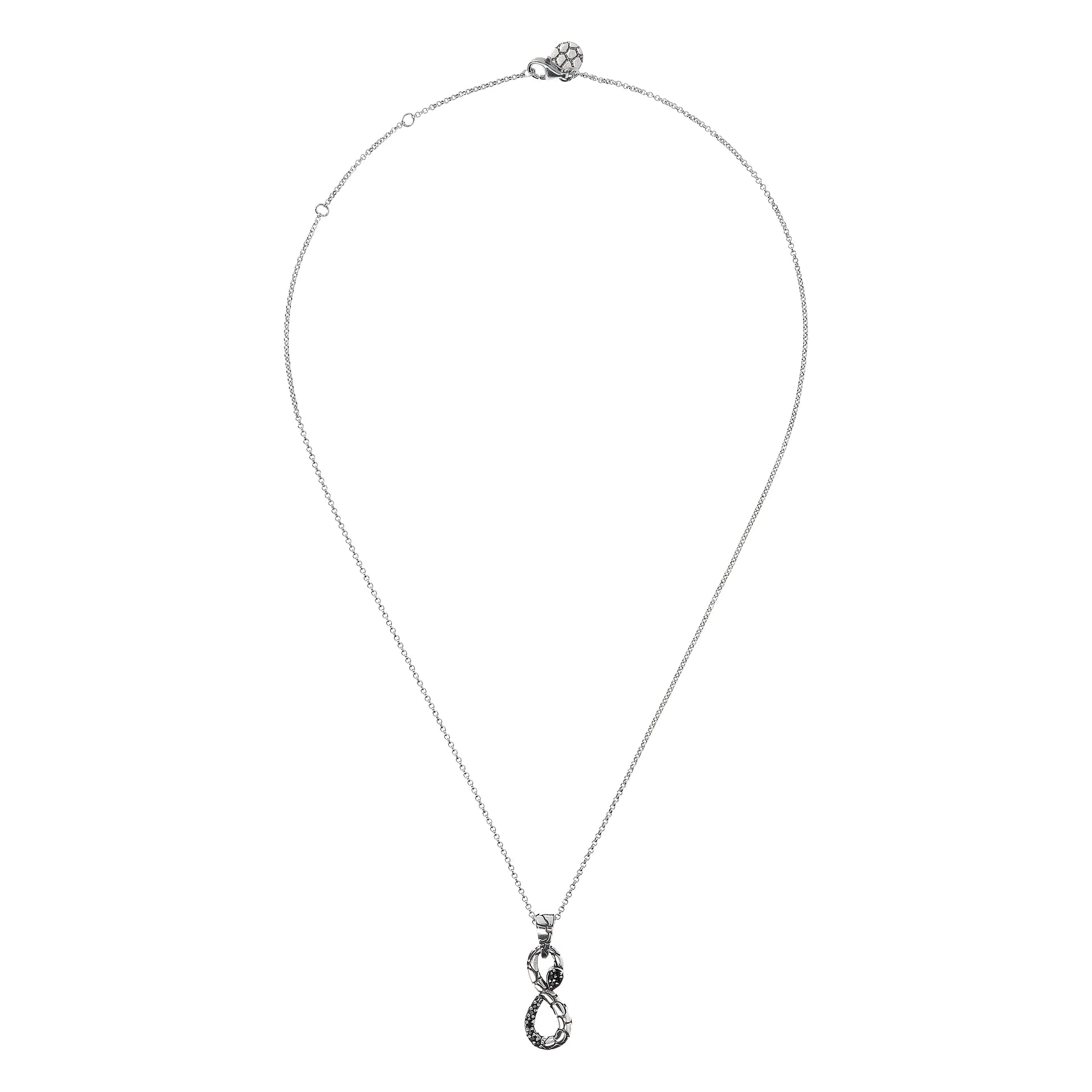 Collana Catena Rolo con Pendente Serpente Infinito e Spinello Nero in Argento 925