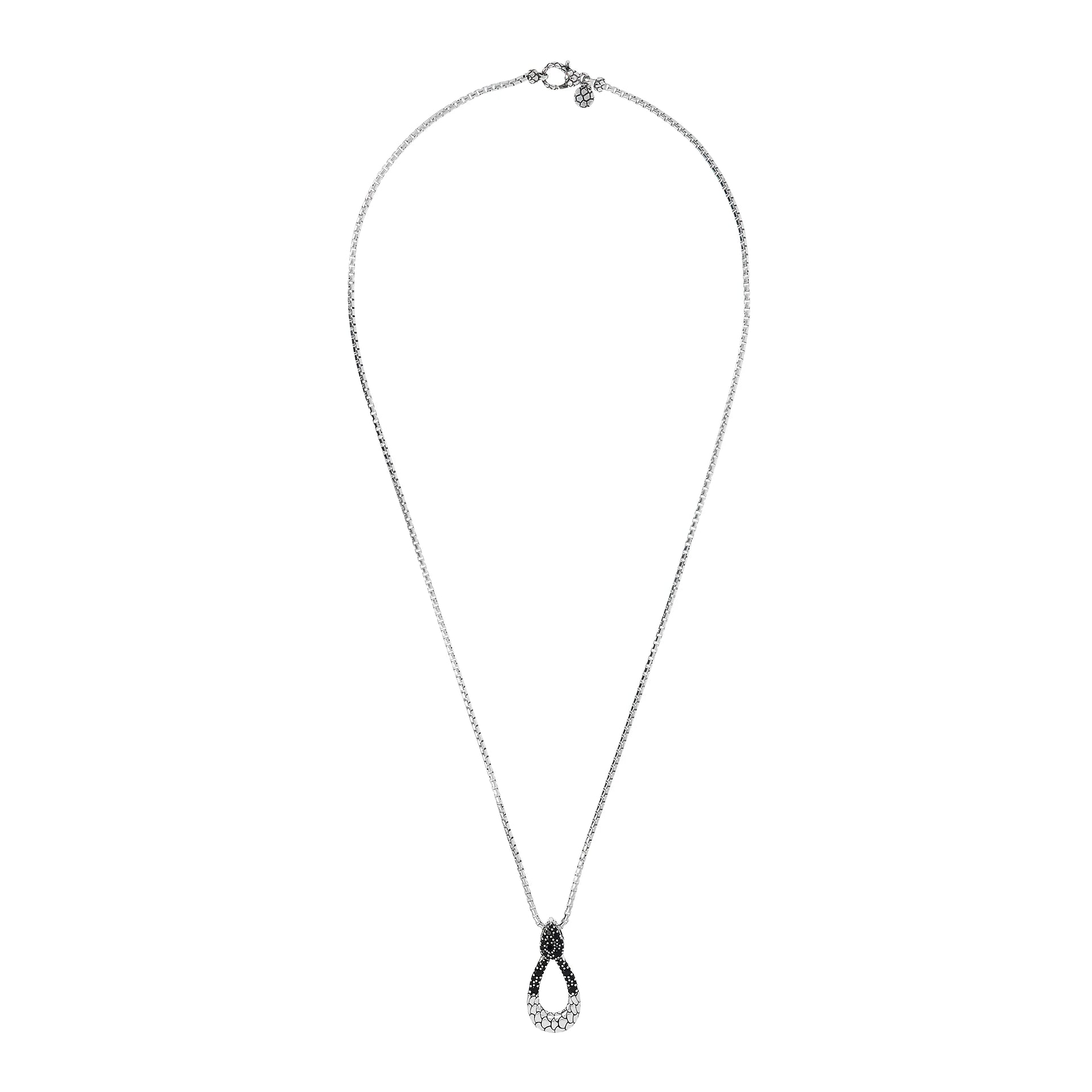 Collana Lunga Catena Veneziana e Pendente Goccia Texture Sirena con Spinello Nero in Argento 925
