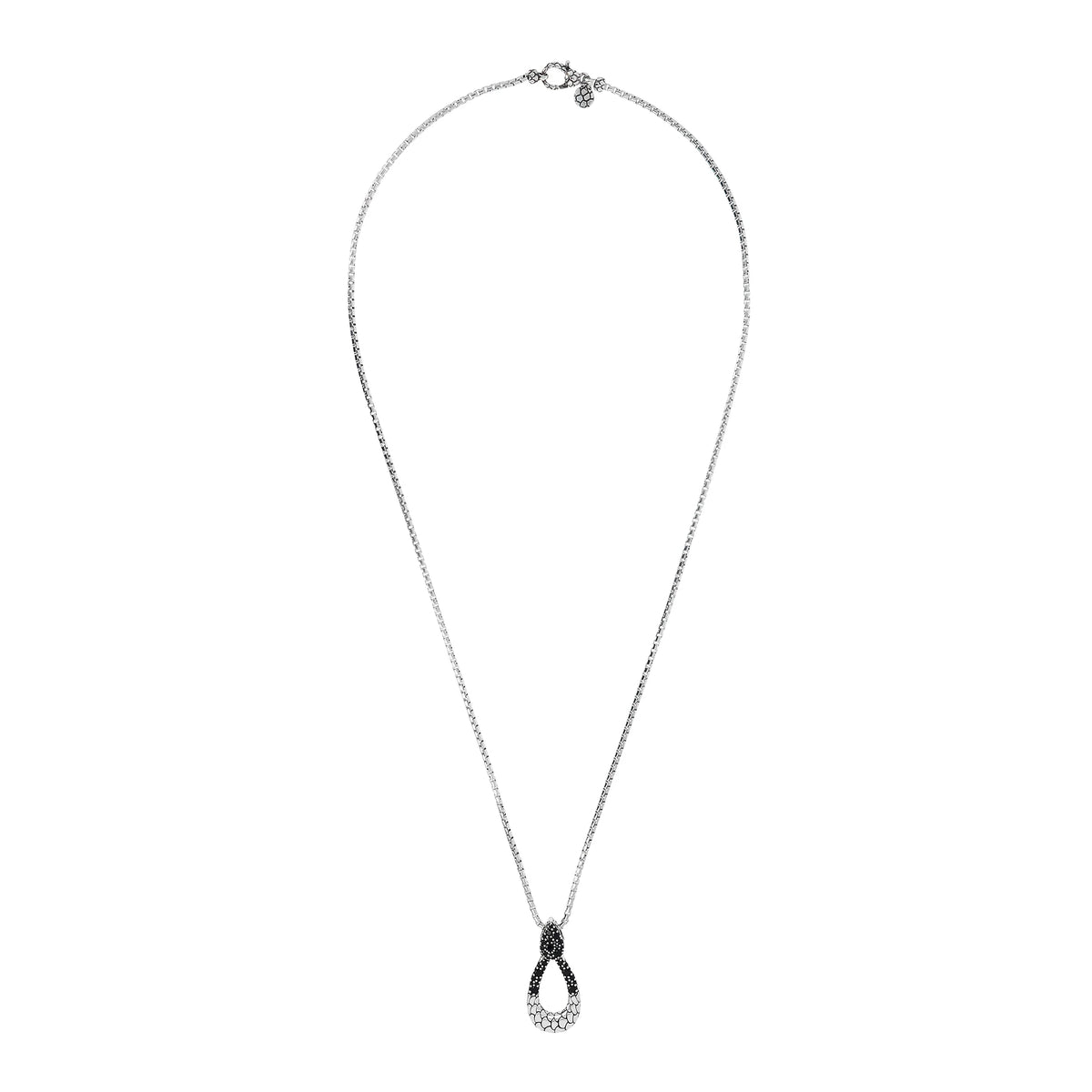 Long Venetian Chain Necklace with Mermaid Texture Drop Pendant with Black Spinel