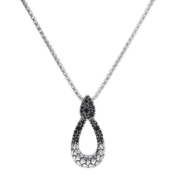 Long Venetian Chain Necklace with Mermaid Texture Drop Pendant with Black Spinel