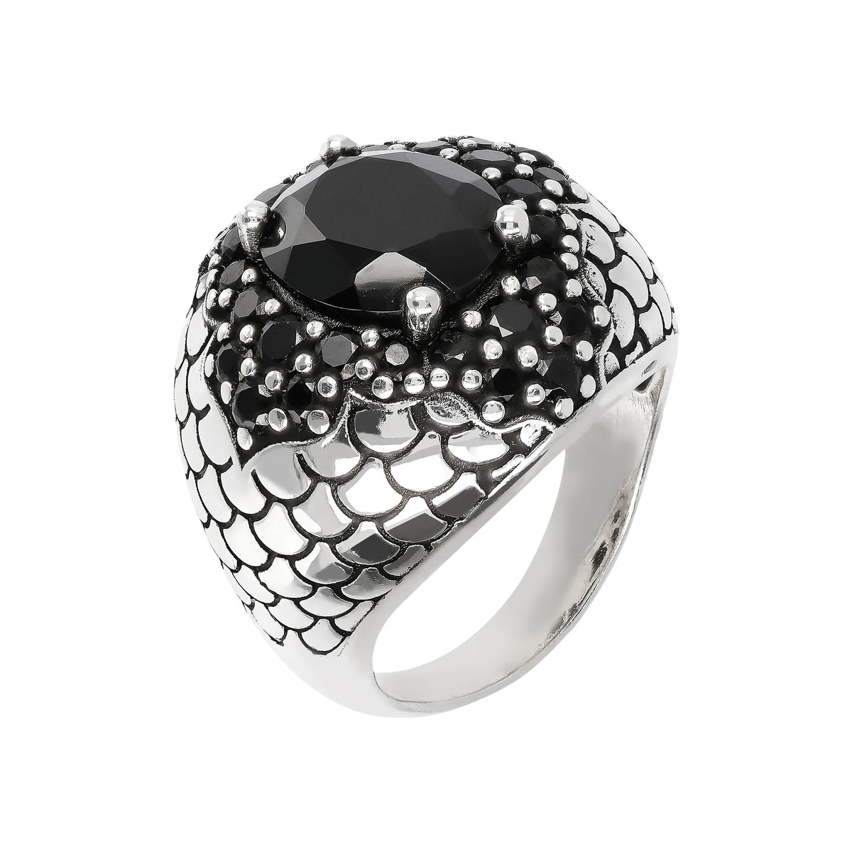 Abgestufter Chevalier-Ring mit Meerjungfrau-Textur und schwarzem Spinell