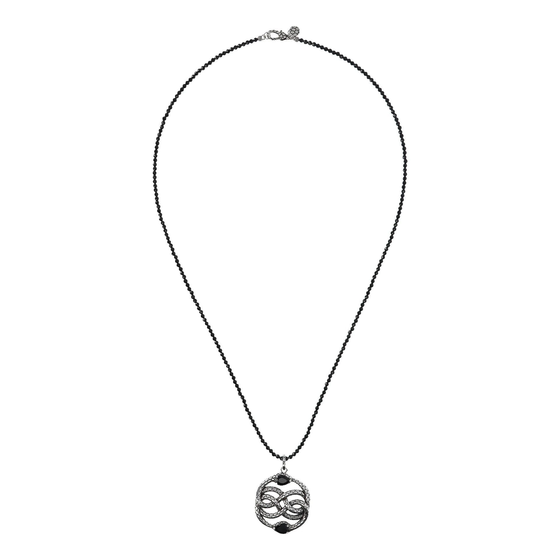 Collana Lunga con Spinello Nero e Pendente Serpente a Intreccio Texture Sirena in Argento 925