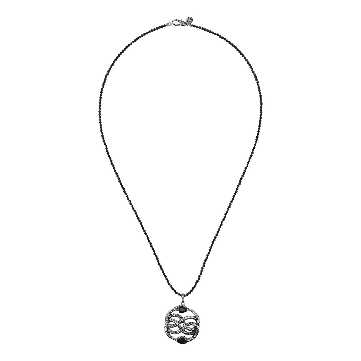 Long Necklace with Black Spinel and Mermaid Textured Snake Pendant