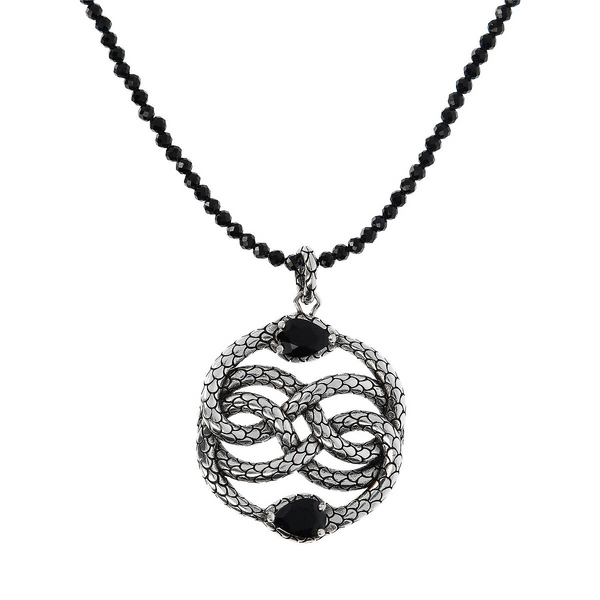 Long Necklace with Black Spinel and Mermaid Textured Snake Pendant