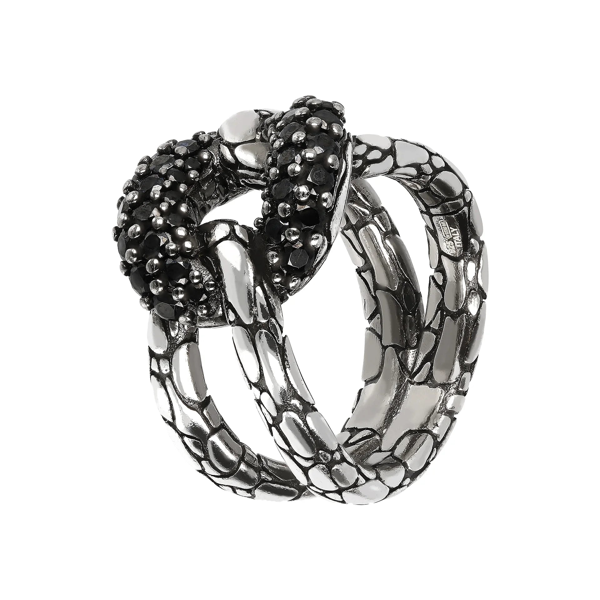 Anello a Fascia Nodo Texture Serpente con Pavé in Spinello Nero in Argento 925