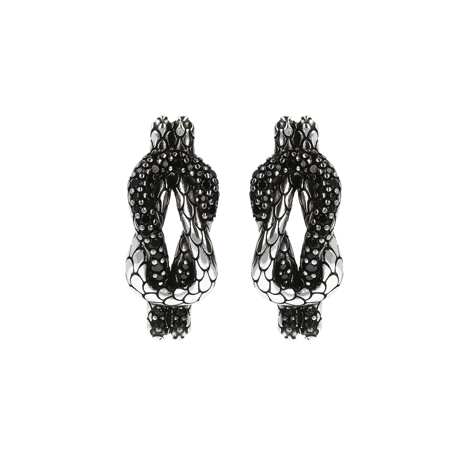 Orecchini a Lobo Intreccio Texture Sirena con Pavé di Spinello Nero in Argento 925