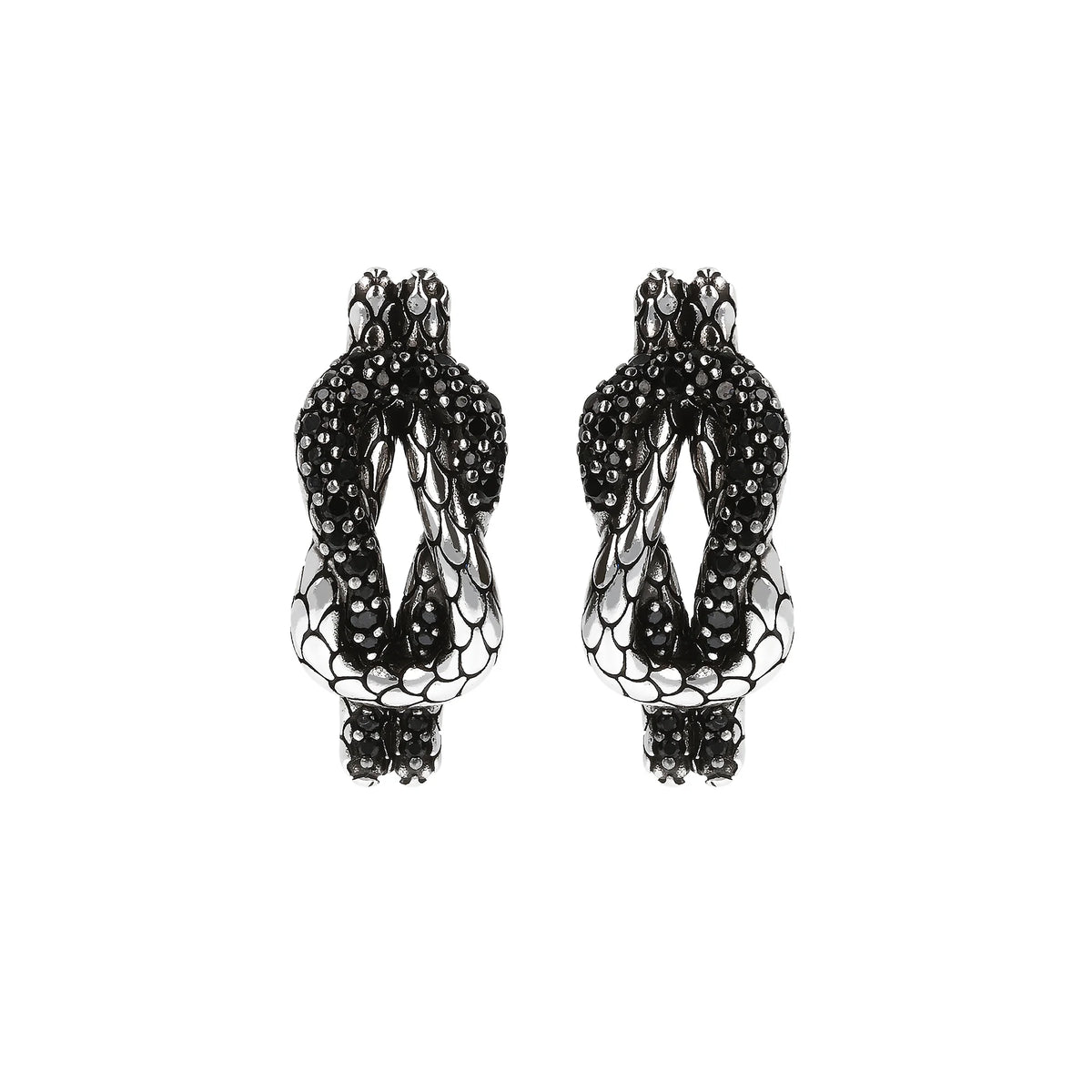 Orecchini a Lobo Intreccio Texture Sirena con Pavé di Spinello Nero in Argento 925