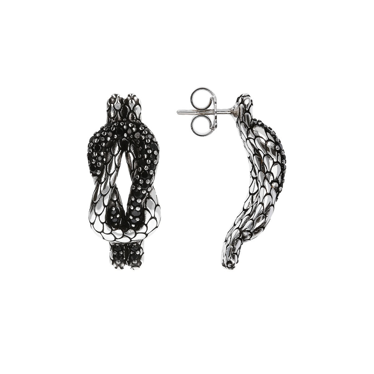 Orecchini a Lobo Intreccio Texture Sirena con Pavé di Spinello Nero in Argento 925