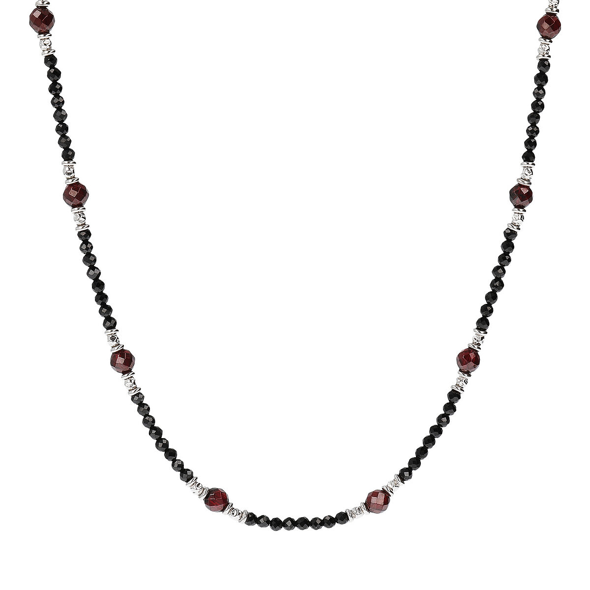 Necklace in Faceted Natural Stone Black Spinel and Red Garnet with Textured Closure in Rhodium Plated 925 Silver