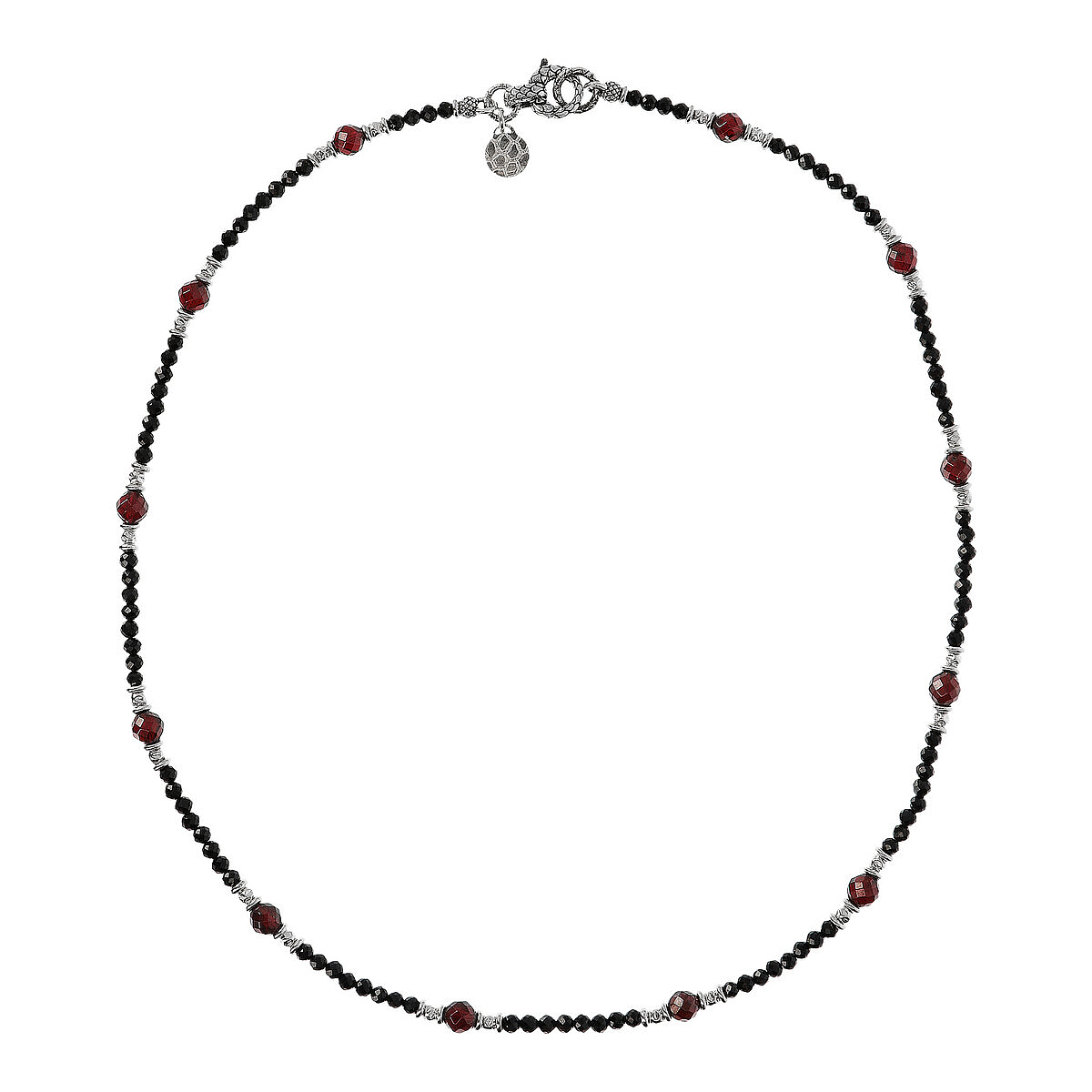 Necklace in Faceted Natural Stone Black Spinel and Red Garnet with Textured Closure in Rhodium Plated 925 Silver