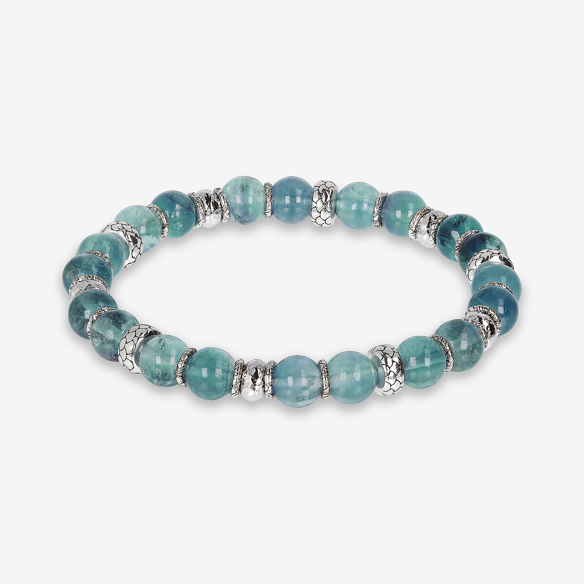 Bracciale Elastico con Rondelle Texture Sirena e Pietra Naturale Fluorite Verde in Argento 925