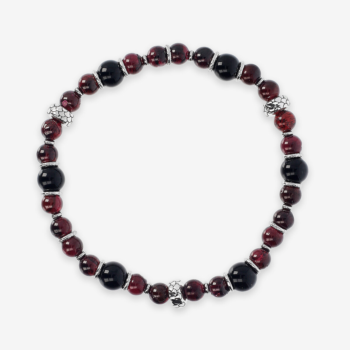 Bracciale Elastico con Rondelle Texture Sirena e Pietre Naturali Onice e Granato in Argento 925