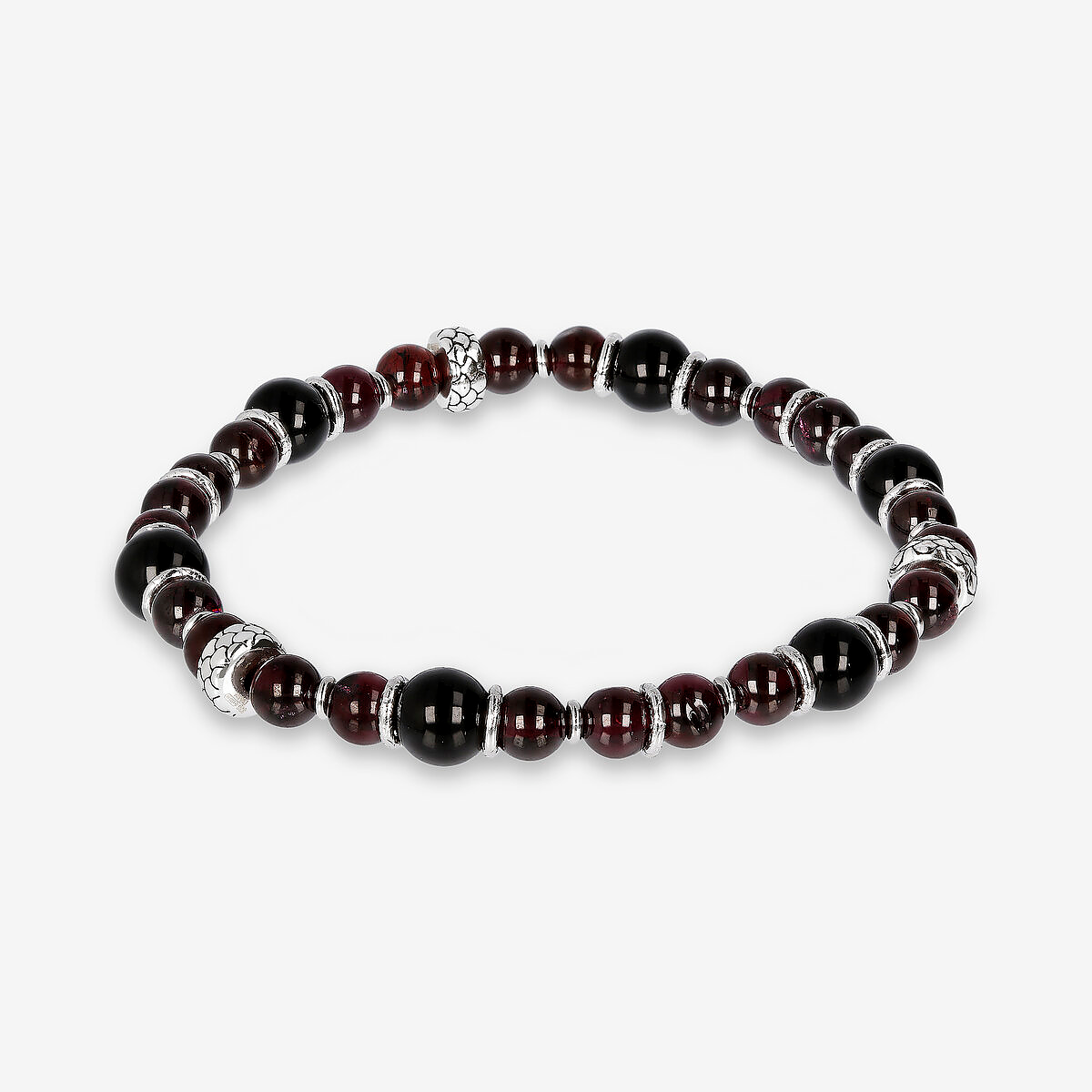 Bracciale Elastico con Rondelle Texture Sirena e Pietre Naturali Onice e Granato in Argento 925