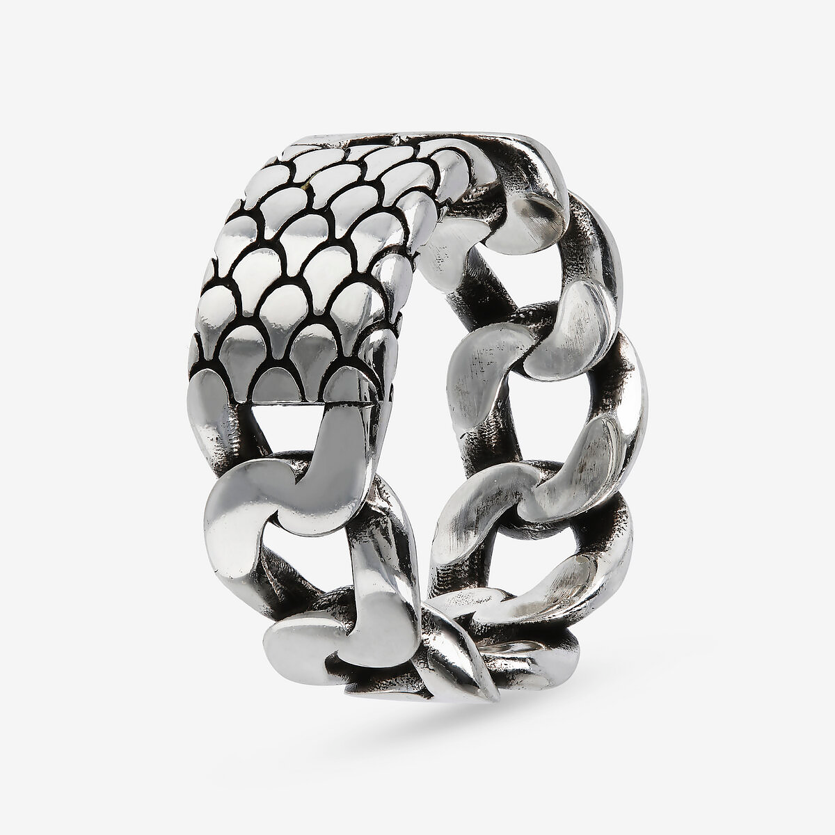 Anello a Fascia con Catena Grumetta e Texture Sirena in Argento 925