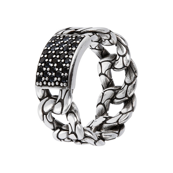 Ring with Mermaid Texture Grumetta Chain and Pavé in Black Spinel
