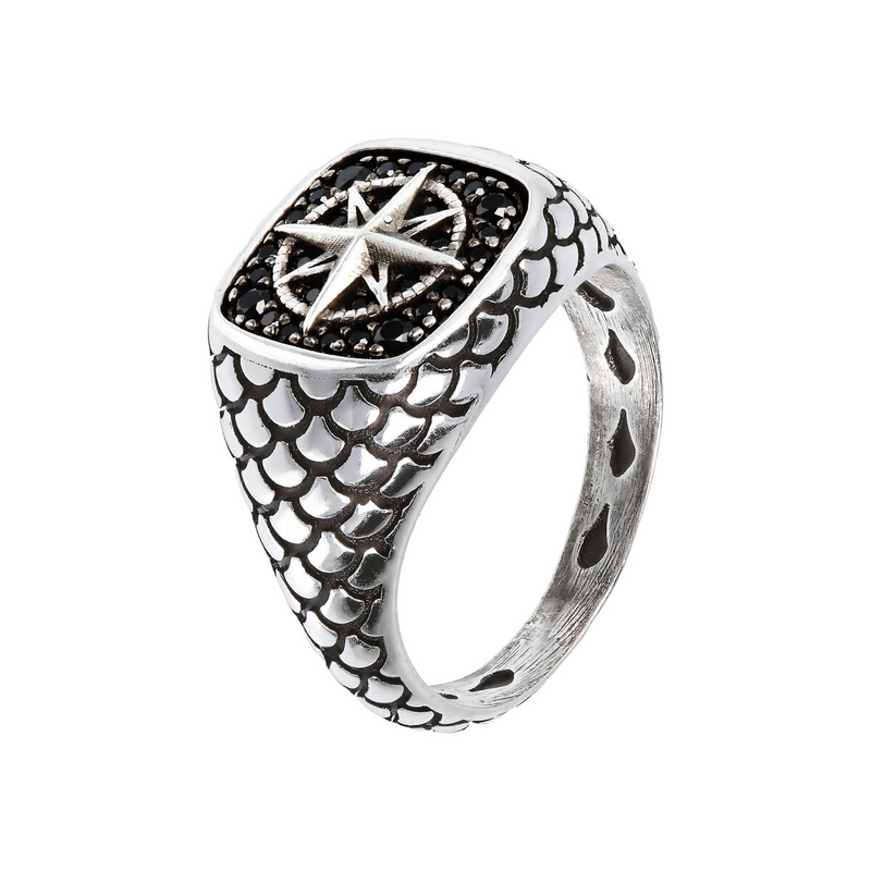 Mermaid Texture Chevalier Ring with Black Spinel Pavé and a Symbol