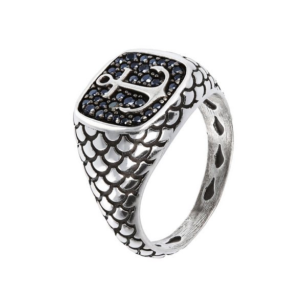 Mermaid Texture Chevalier Ring with Black Spinel Pavé and a Symbol
