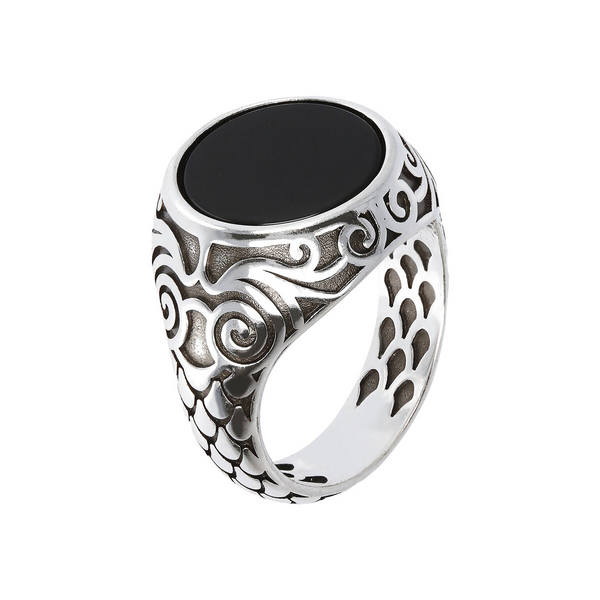 Tribal Mermaid Texture Chevalier Ring with Black Onyx