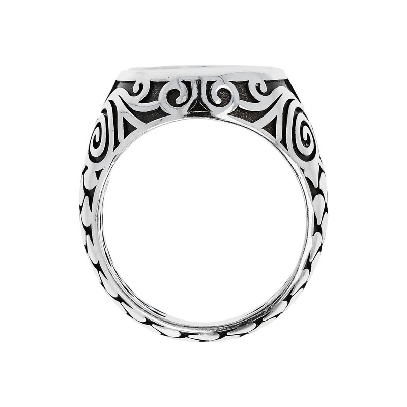 Tribal Mermaid Texture Chevalier Ring with Black Onyx