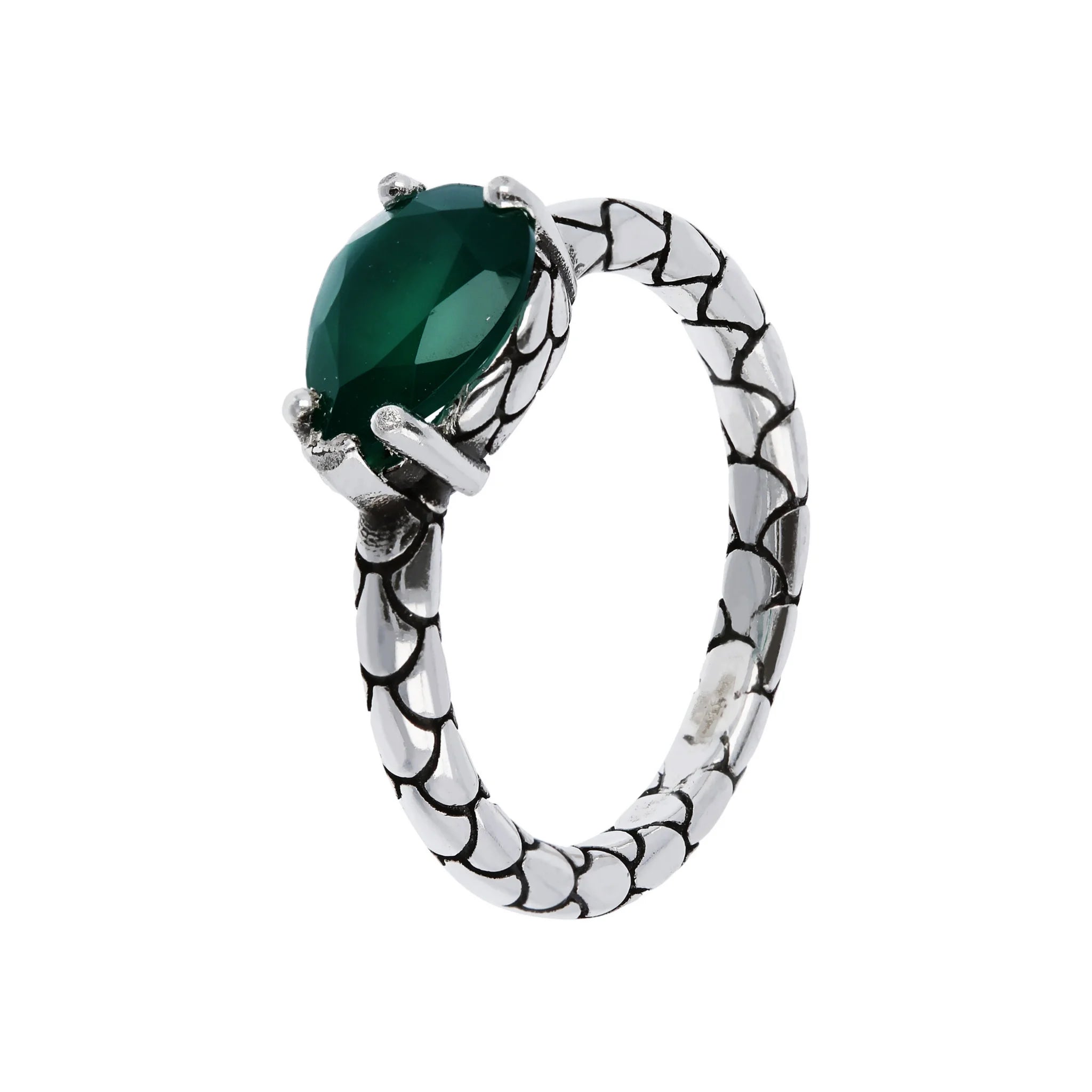 Anello Fedina in Argento 925 placcato Rodio Texture Sirena con Pietra Naturale a Forma di Goccia
